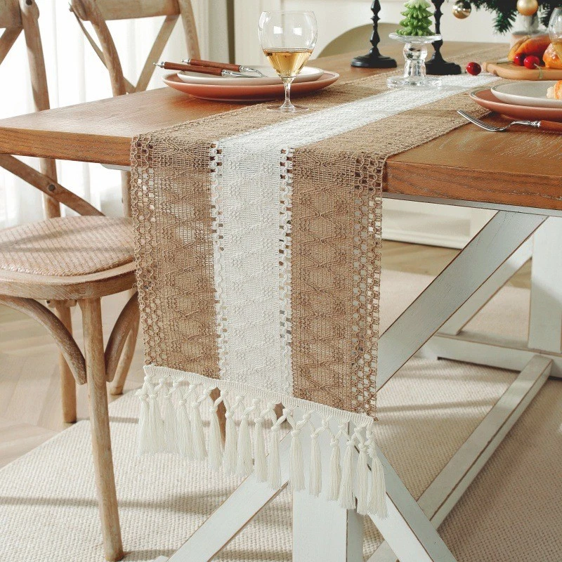 Chic Rustic Geometric Table Runner Tasselled Linen Cotton Table Decoration Gift - Image 2 of 4