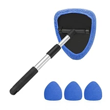 Windshield Cleaning Tool Extendable Handle 4 Microfiber Pads Blue
