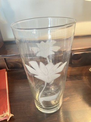 Vintage Pasabahce Turkish Etched Glass Vase Collumn Large Floral 90s