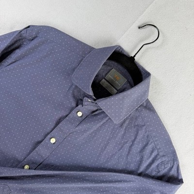 Thomas Dean Mens Navy Blue Geometric Micro Print Cotton Button Down Shirt Large