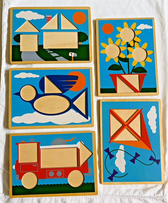 Preschool Beginner PUZZLES wood shapes 5 double sided 9½”x7” preowned