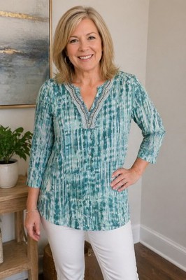 Chicos Teal Tie Dye tunic top Pearls Rhinestones Sheer sz 3 large boho hippie