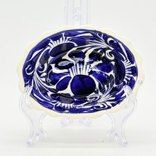 Vtg. Talavera Bowl Inch Oval Cobalt Blue & White Flowers Folkart Trinket Dish