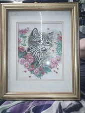 Finished Diamond Art   Cat with Floral Background Gold Frame 