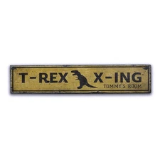T Rex Crossing Rustic Distressed Sign, Personalized Wood Sign
