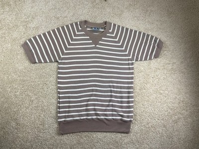 Vintage Trader Bay T-Shirt Mens Large V-Notch Crewneck Striped Brown White