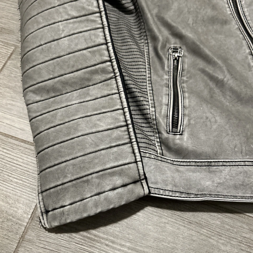 Chaqueta de cuero de motociclista gris bordada etiqueta negra AFFLICTION ¡Rara! Foto 4 de 4