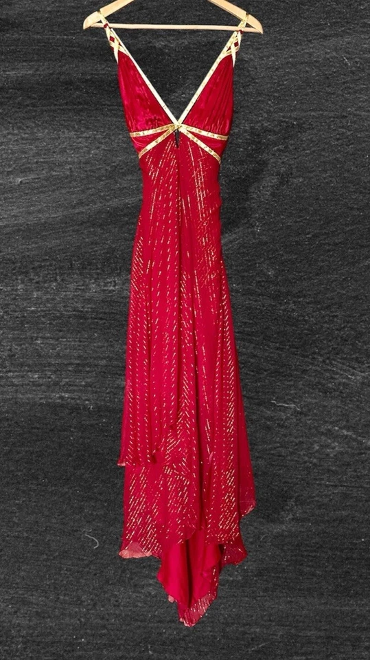 Maxi Vestido de Hadas Asimétrico De Colección Y2K Bebe Seda Gasa Dorado Brillante Diosa Foto 2 de 4