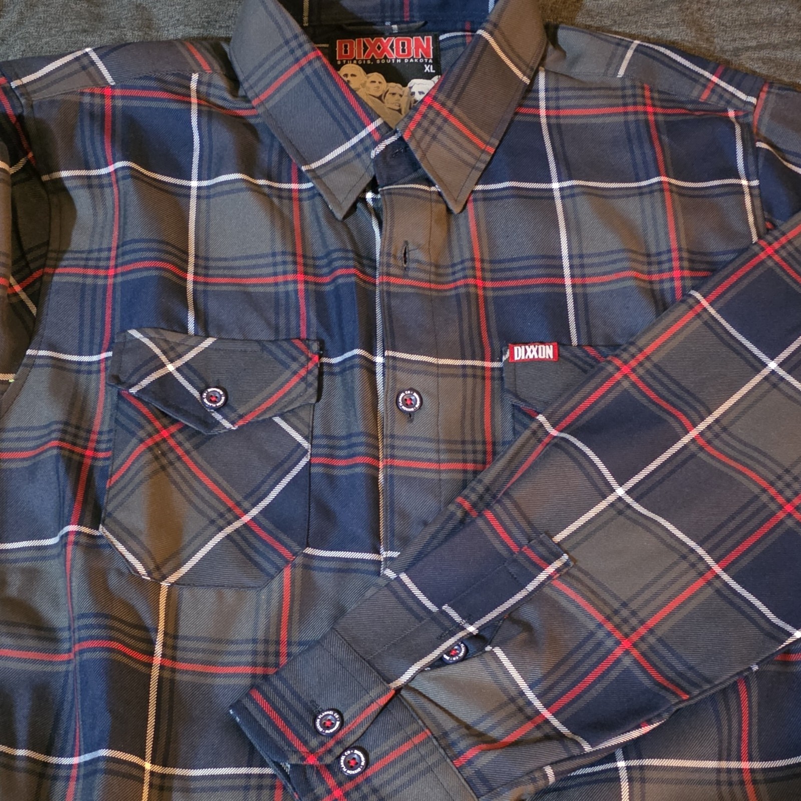 Dixxon Rushmore Men's XL Plaid Flannel Shirt Navy Red Gray D-Tech Button-Up