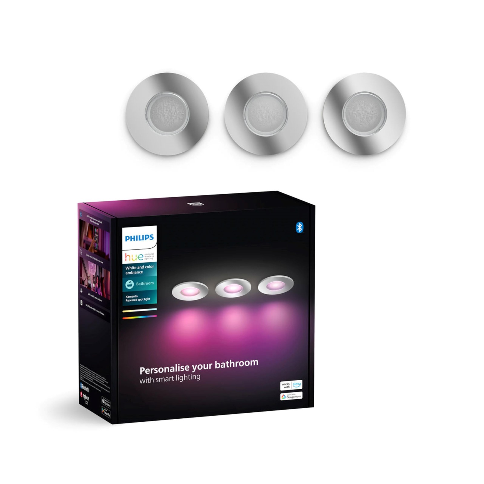 Xamento White et Color Ambiance lot de 3 spots LED connectés pour plafond de salle de bains