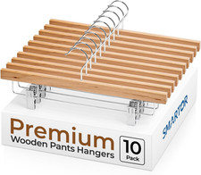 Natural Wooden Pants Hangers 10 Pack, Heavy Duty Wood Skirt Hangers with 2-Adjus