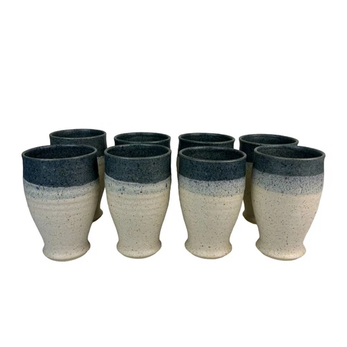 Set of 8 Blue Cream Handmade Art Speckled Pottery Cups Tumblers No Handle Signed