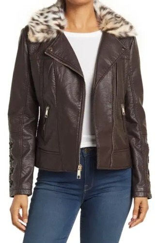 NEW GUESS Leather & Faux Fur Removable Collar Asymmetrical Moto Jacket Medium - Picture 3 of 5