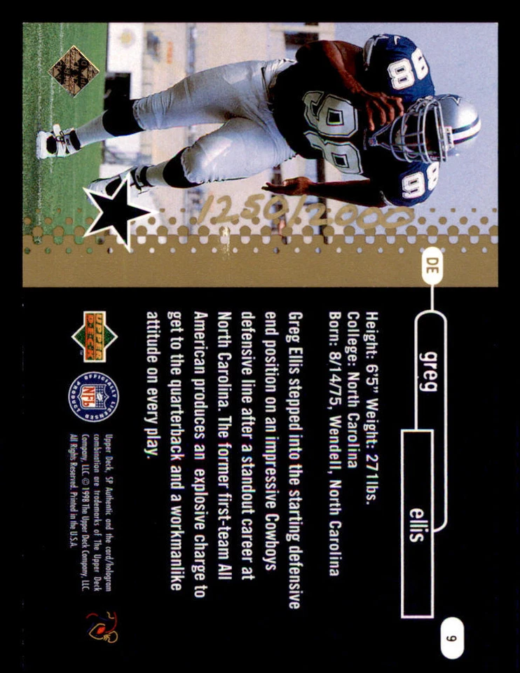 1998 SP Authentic #9 Greg Ellis RC /2000 - Image 2 of 2