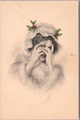 c1910s Pretty Lady / CHRISTMAS Postcard Woman / Holly Bonnet M.M. VIENNE M. MUNK
