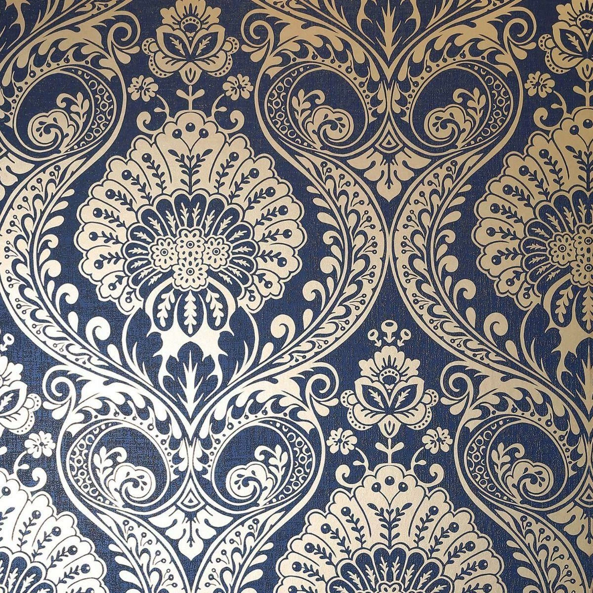 Damask Wallpaper Navy Blue Gold Metallic Shimmer Textured Arthouse