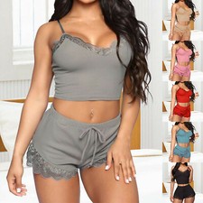 Women Camisole  Shorts Set Lace Floral Cropped Tops Bra with Shorts Pajamas Set