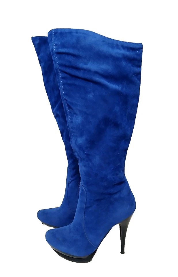 Botas femininas Luichiny altura do joelho azul camurça falsa plataforma salto agulha zíper tamanho 5 - Imagem 3 de 4