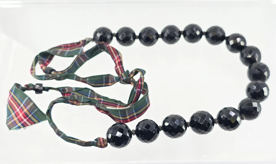 COLAR GRAVATA FITA XADREZ TARTAN CONTAS DE VIDRO FACETADO PRETO 18mm vintage Ralph Lauren - Imagem 4 de 4