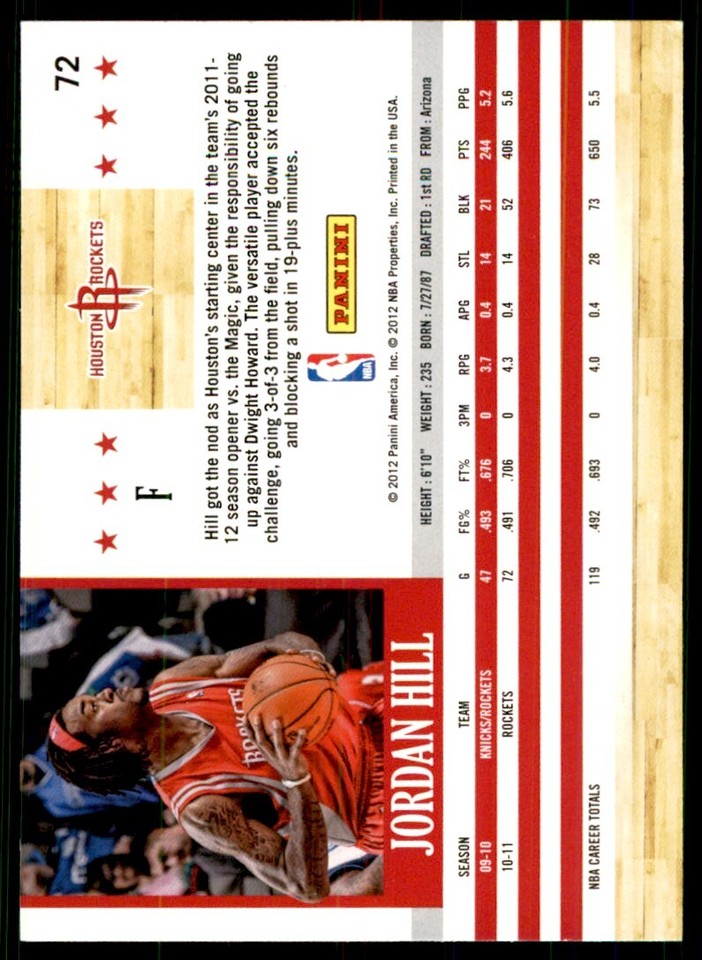 2011-12 NBA Hoops: Jordan Hill Houston Rockets #72 | eBay