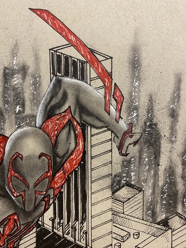 Spider-Man 2099 von Arsenio Echevarria Kunstzeichnung 9x12 grau Lagerpapier - Bild 5 von 5