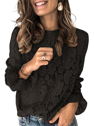 Damen lange Glockenärmel transparent Blumen Spitze Bluse Tops - Bild 1 von 25
