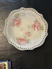 Vintage Serving Bowl White W Pink Roses Green Trim Cutouts 9”