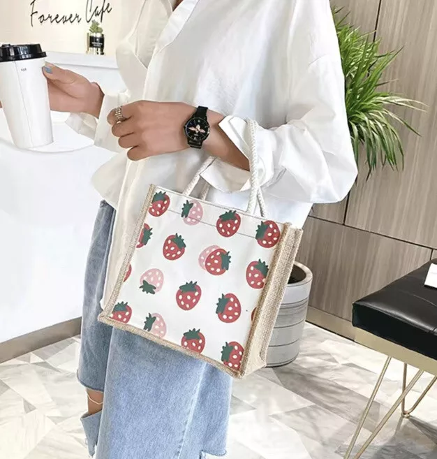 Cute Canvas Tote Bag Satchel Strawberry Reusable Mini Kawaii Fruit Zip New