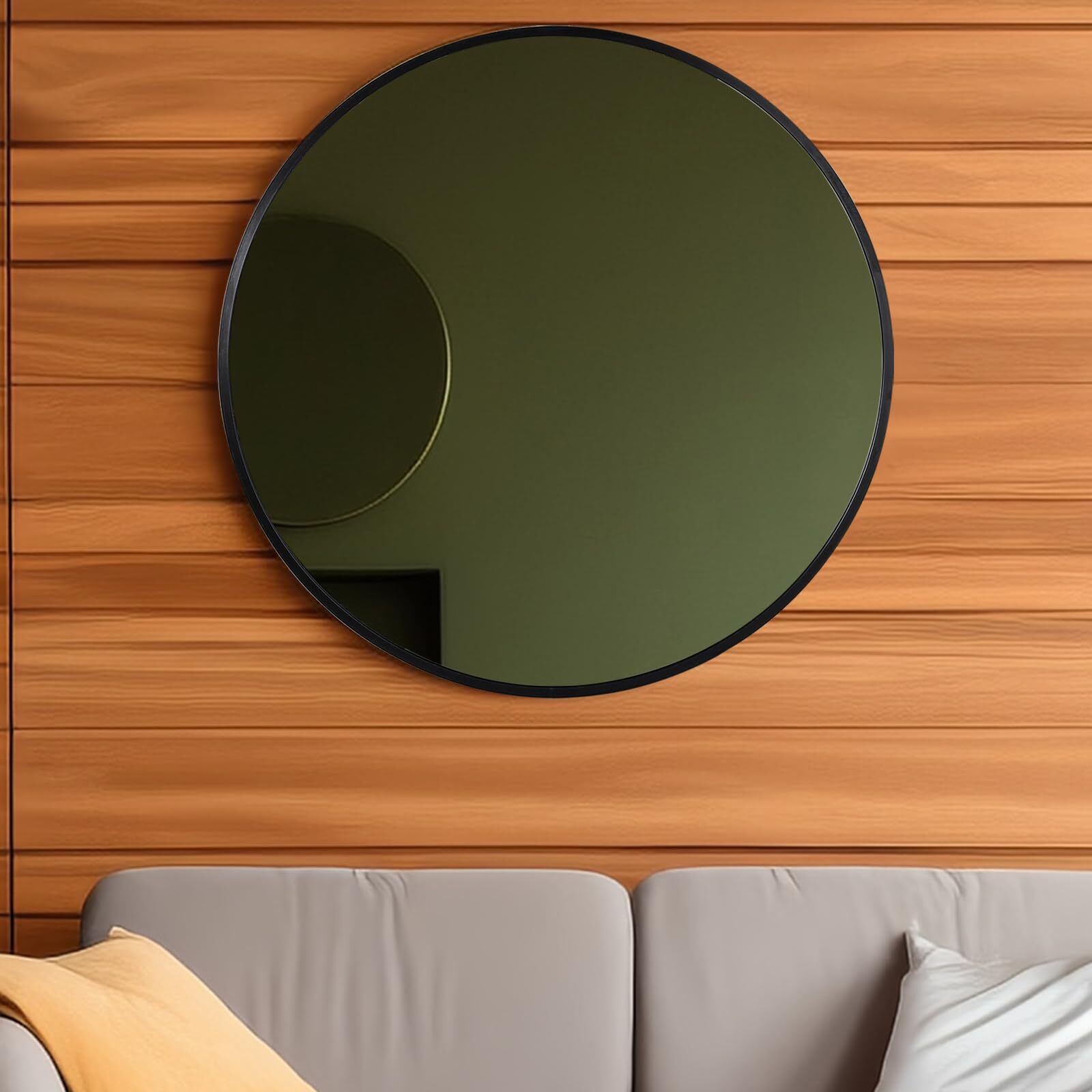 FRUMENSHIP Black Round Mirror, 24 Inch Round Wall Mirror with Metal Frame, Bl...