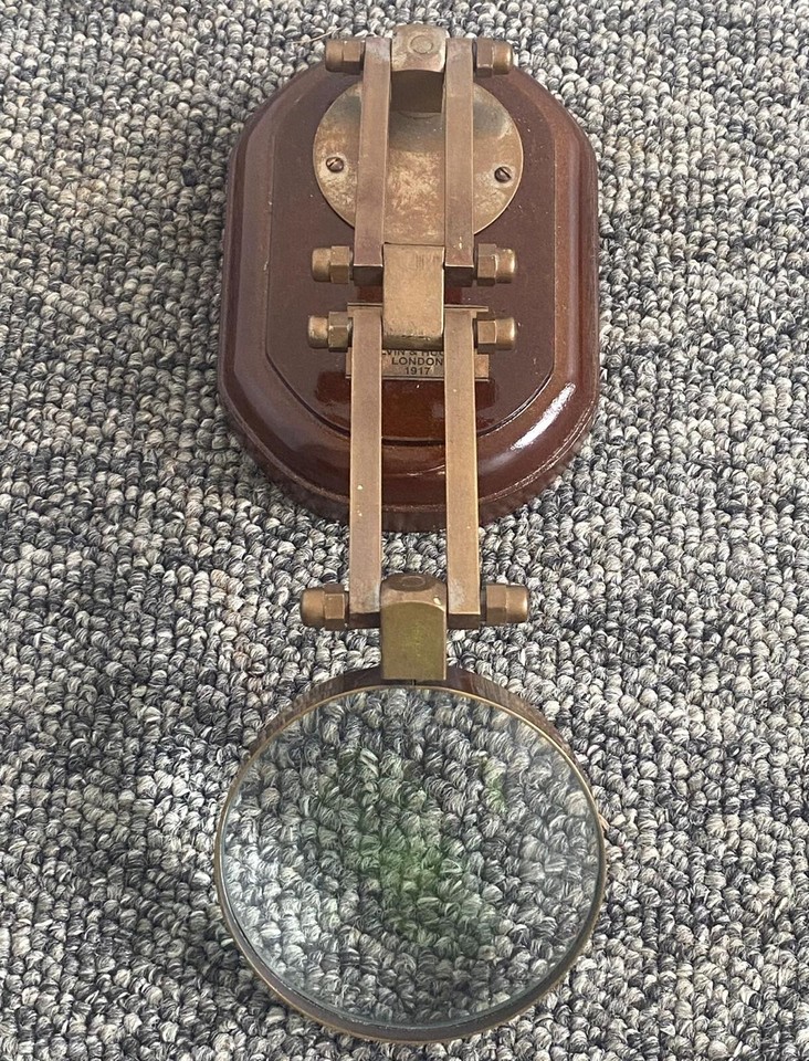 Nautical Antique Table Top Magnifying glass Wood Base Vintage Desk Top