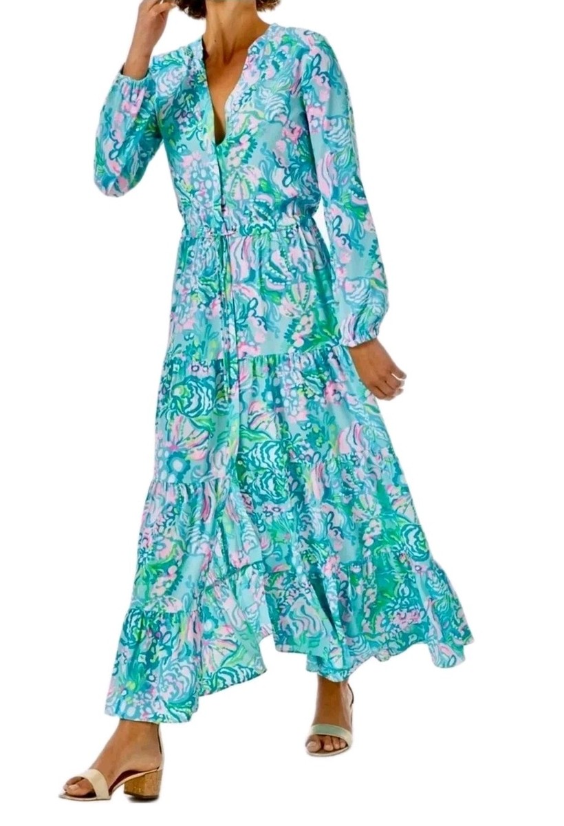 RARE Lilly Pulitzer Size 4 Cori Stretch Midi Shirtdress Dress Aqua