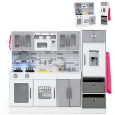 Wooden Kitchen Playset w/Lights Sounds Interactive Features Storage Accessories