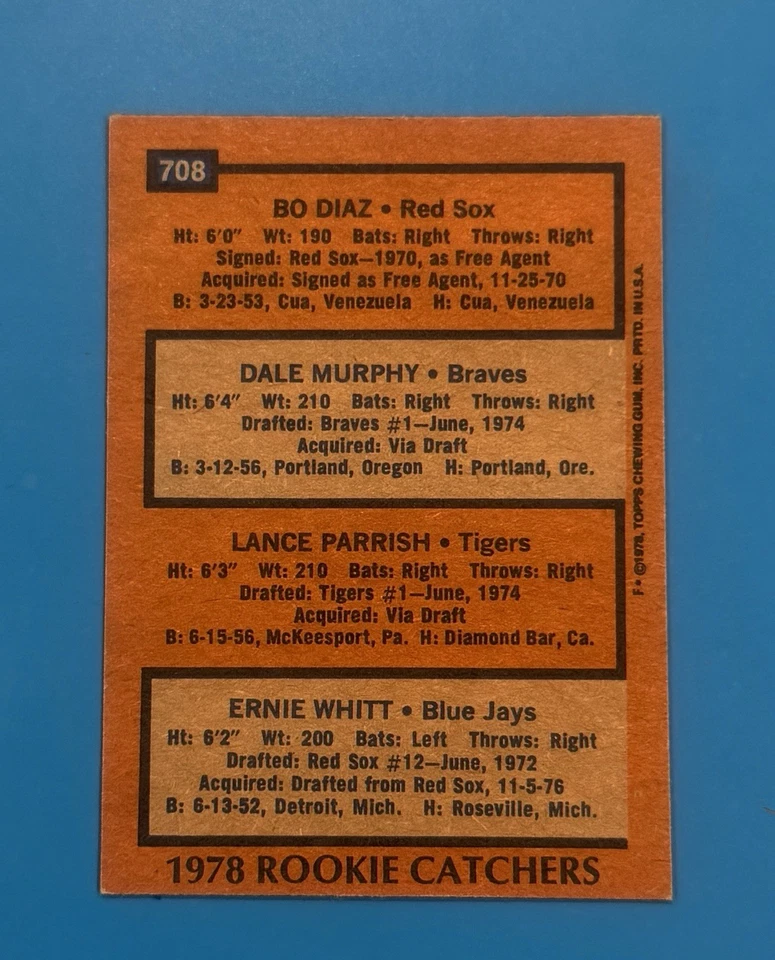 Tarjeta de novato Dale Murphy ~ 1978 Topps # 708 Foto 2 de 2