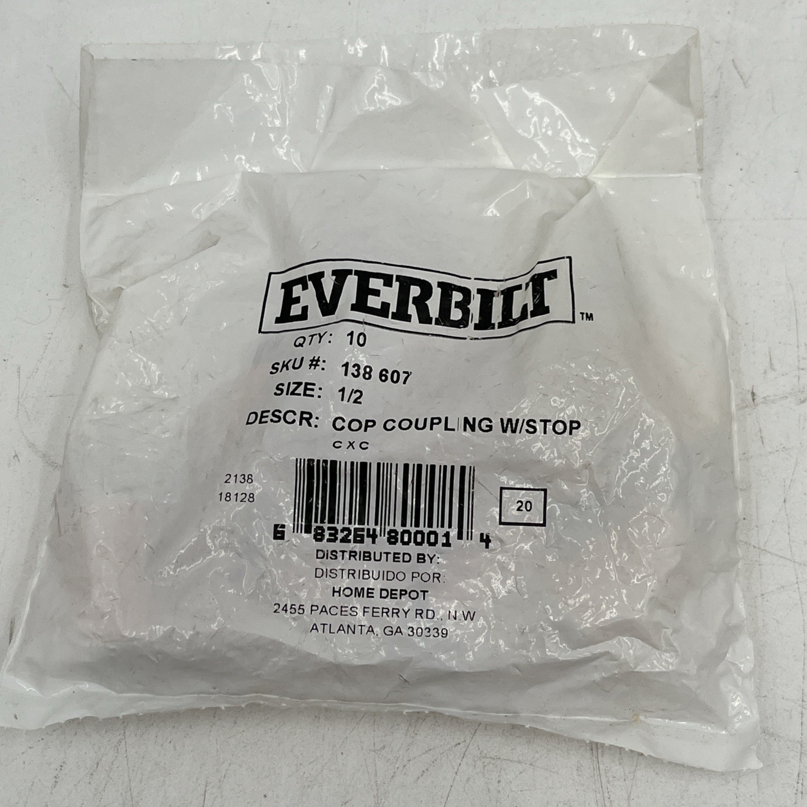 BRAND NEW!! (Bag of 10) Everbilt Copper Pipe Coupling with Stop Size - 1/2"