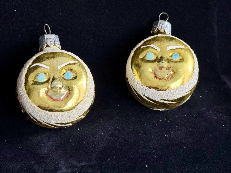 Pair of Vintage Man In The Moon / Sun Face Mercury Glass Christmas Ornament