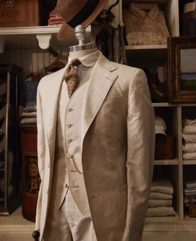 Esmoquin retro de lino caqui para hombre formal negocios boda novio tres piezas Foto 3 de 4