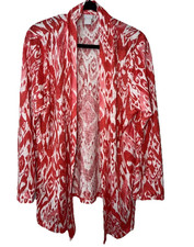 Chicos Linen Cardigan Size 2 Coral Red Ikat Print Open Front Lightweight NWT