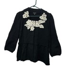 Madison blouse knit top shirt sweater women's medium black with white embroidery