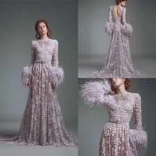lavender prom dress luxury feather long sleeve lace 3d floral party evening gown