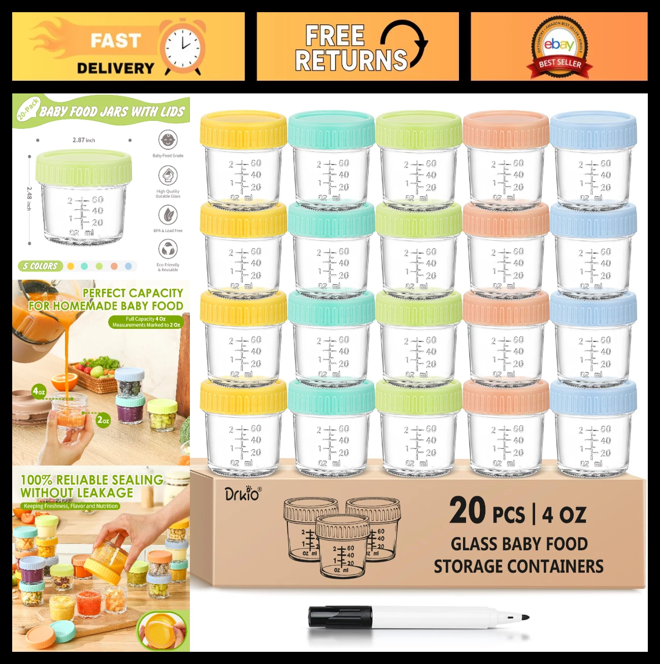 20 Pack Glass Baby Food Storage Containers 4oz Jars with Lids, Microwave & Freez