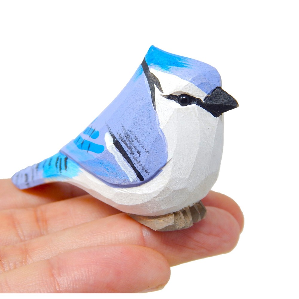 Blue Jay Bird Figurine Sculpture Miniature Wood Art Statue Decor Carve Ornament