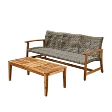 Beacher Belloc Outdoor Wood and Wicker Sofa and Coffee Table Set