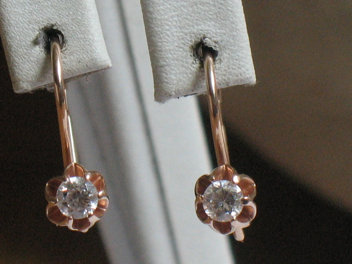 Antique Ukraine Gold Au 585 14k Earrings Vintage White Stone