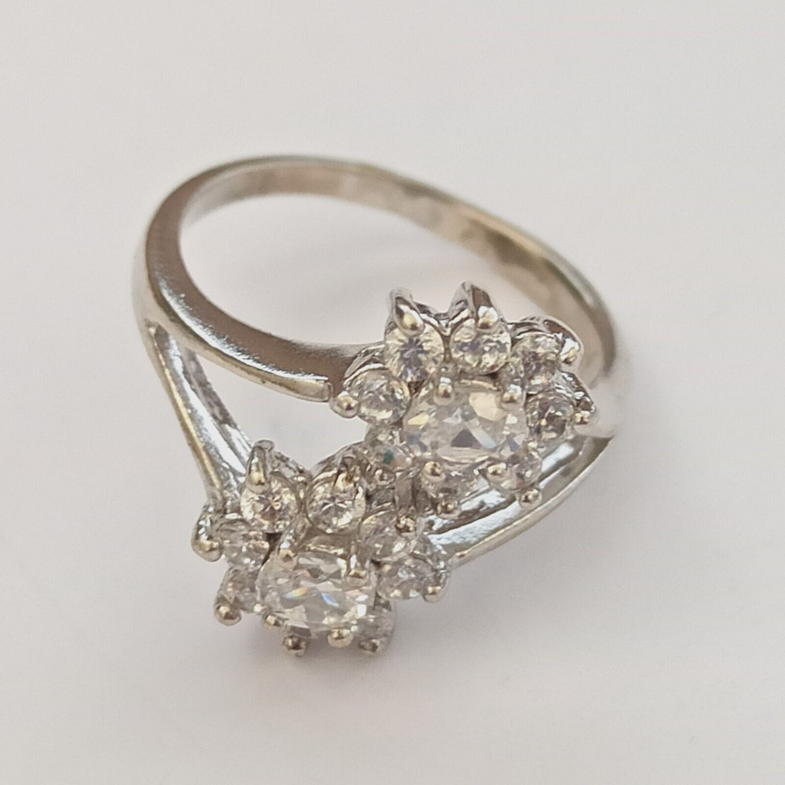 Silver Ring Simulated Diamonds Double Flower Time… - image 1