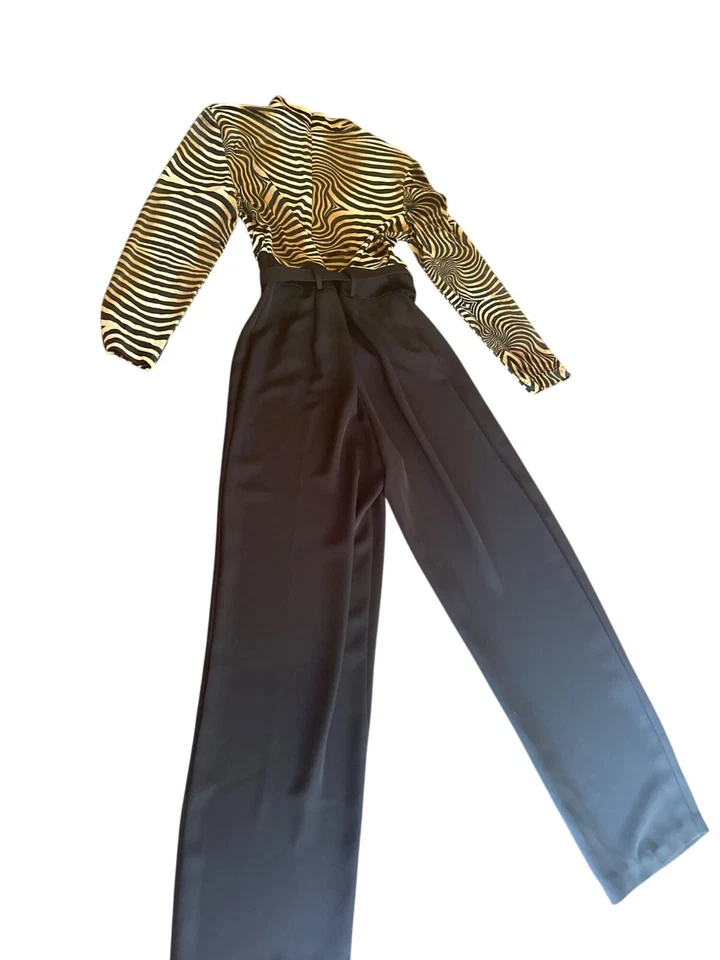 Cache Zebra Print Top & High-Waisted Black Wide-Leg Jumpsuit Size 12 Vintage 90s - Image 4 of 4