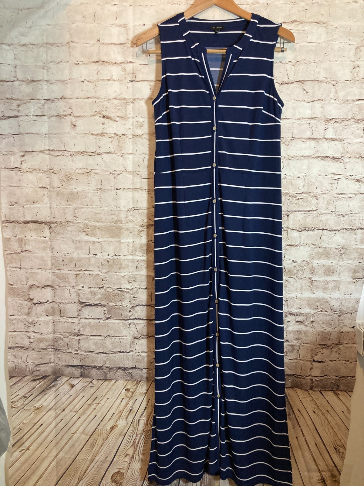 Talbots Maxi Dress Womens Medium Navy Blue Striped Full Button Front Nautical-image