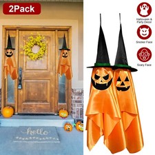 2 Pack Hanging Ghosts with Pumpkins Wizard Hat Halloween Party Hanging Decor