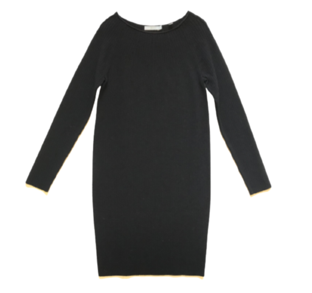 Vince Ribbed Knit Sweater Dress Womens XS Black Wool Long Sleeve Boat Neck