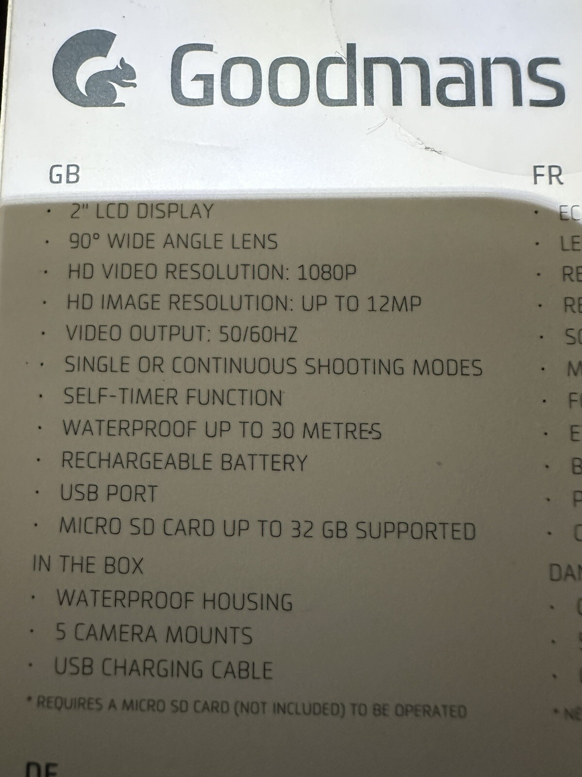 Goodmans Full HD Action Camera LCD Fully Waterproof Case Self Timer