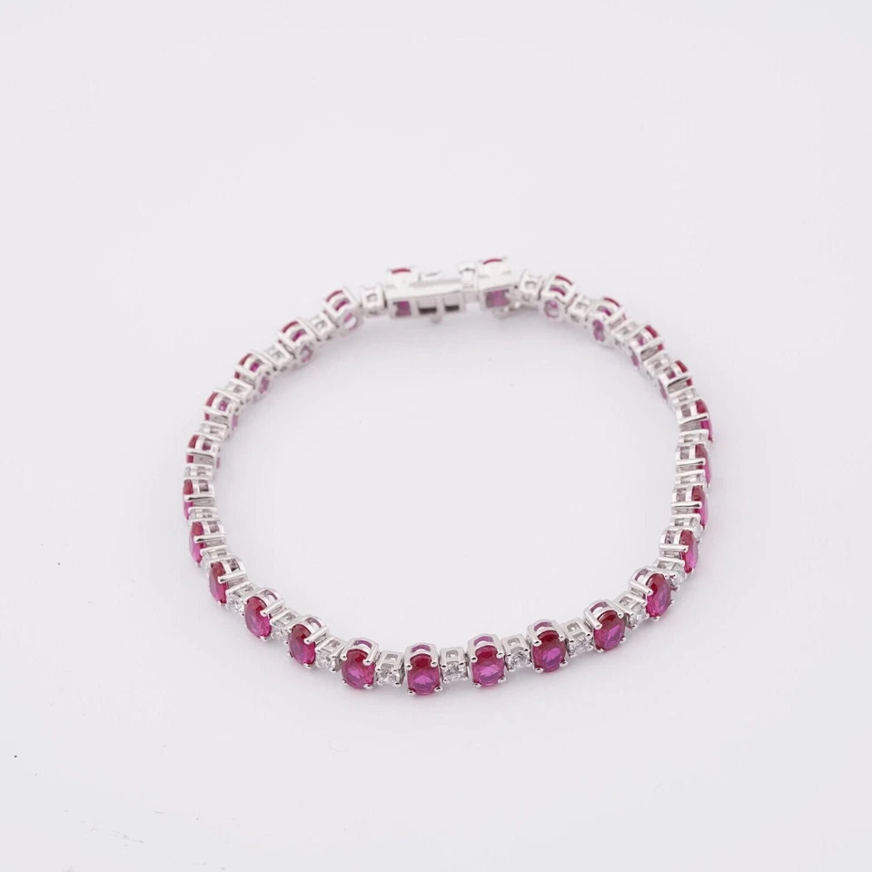 Brazalete Tenis Rubí Creado en Laboratorio Corte Ovalado Chapado en Oro Blanco 14K Para Regalo Foto 4 de 4